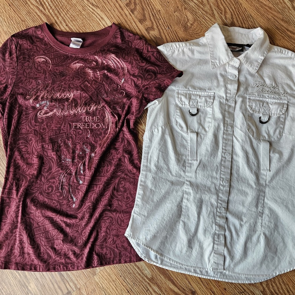 2 Harley Davidson Shirt M/L Maroon White Collared Dress‎ Biker V-Neck Button Up